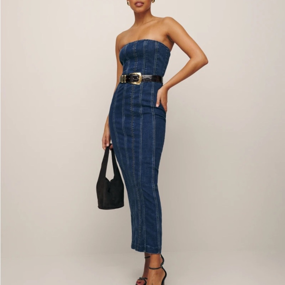 Reformation Strapless Denim Midi Dress in Blue